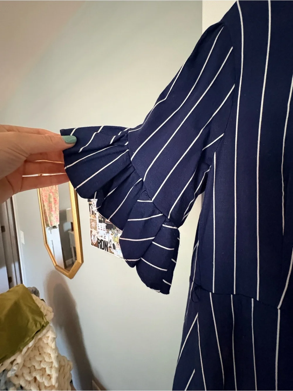 Wayf Navy Blue and White Striped Mini Wrap Dress